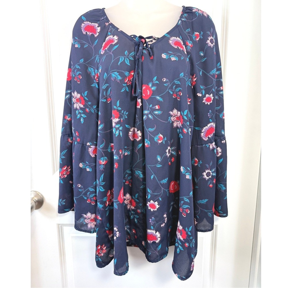 Faded Glory Womens 1X Navy Floral Bohemian Peasant Tunic Blouse Bell Sleeve